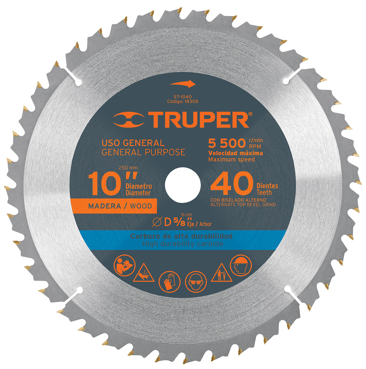 Imagen de DISCO PARA SIERRA DE 10" PARA MADERA CON 40 DIENTES Y CENTRO DE 5/8" TRUPER