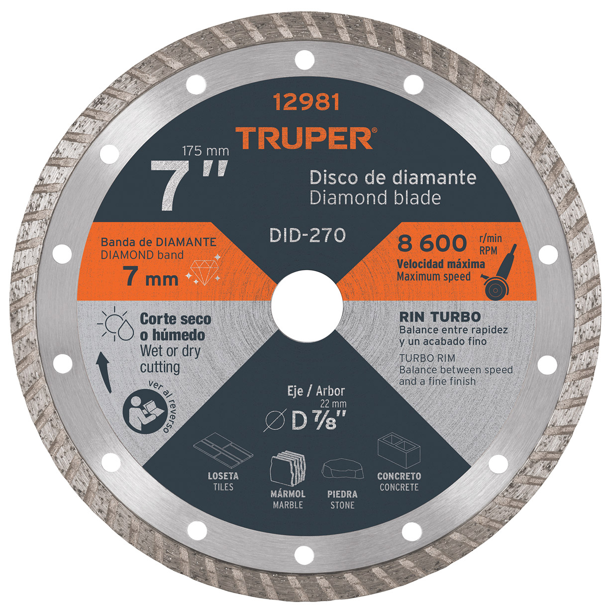 Imagen de DISCO DE DIAMANTE DE 7" X 2.8 MM CON RIN TURBO TRUPER