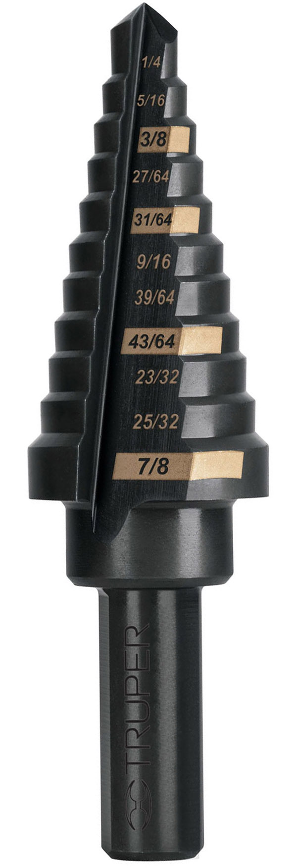 Imagen de BROCA ESCALONADA OXIDO NEGRO DE 11 ESCALONES DE 1/4" A 7/8" TRUPER