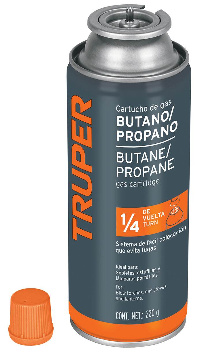 Imagen de LATA DE GAS DE 220 GRAMOS CON VALVULA DE 1/4" DE VUELTA TRUPER
