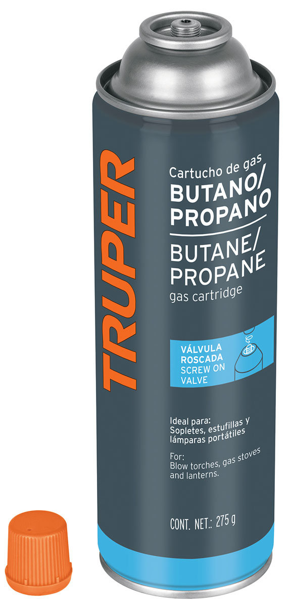Imagen de LATA DE GAS DE 275 GRAMOS CON VALVULA ROSCADA TRUPER