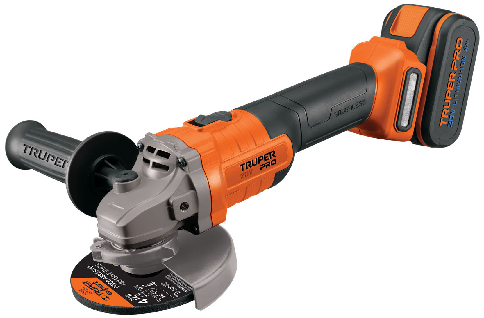 Imagen de ESMERILADORA DE 4-1/2" DE 20 VOLTS CON 1 BATERIA DE 4 AMPERIOS POR HORA DE CORRIENTE TRUPER PRO
