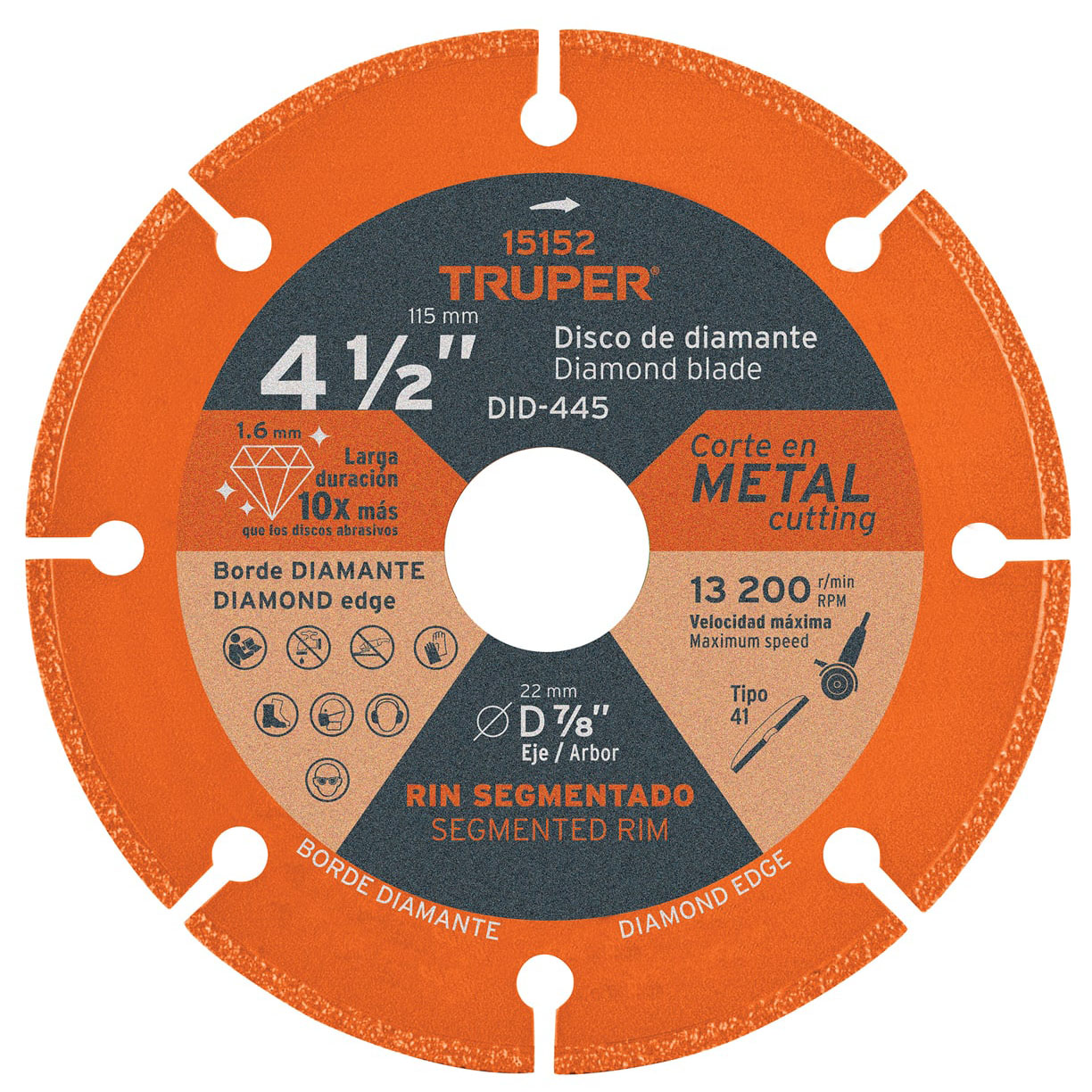 Imagen de DISCO DE DIAMANTE DE 4-1/2" X 1.6 MM  CORTE DE METAL  TRUPER