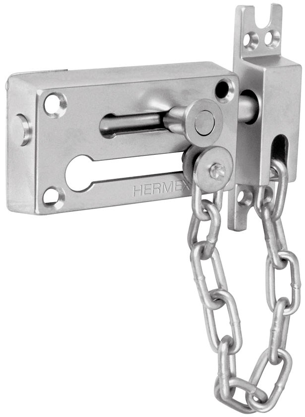 Imagen de PASADOR CON CADENA PARA PUERTA EN ACABADO CROMO MATE HERMEX