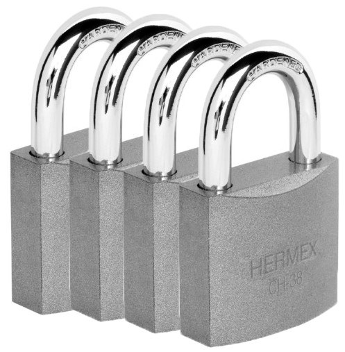 Imagen de BLISTER CON 4 CANDADOS DE HIERRO DE 38 MM CON GANCHO CORTO HERMEX