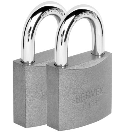 Imagen de BLISTER CON 2 CANDADOS DE HIERRO DE 38 MM CON GANCHO CORTO HERMEX