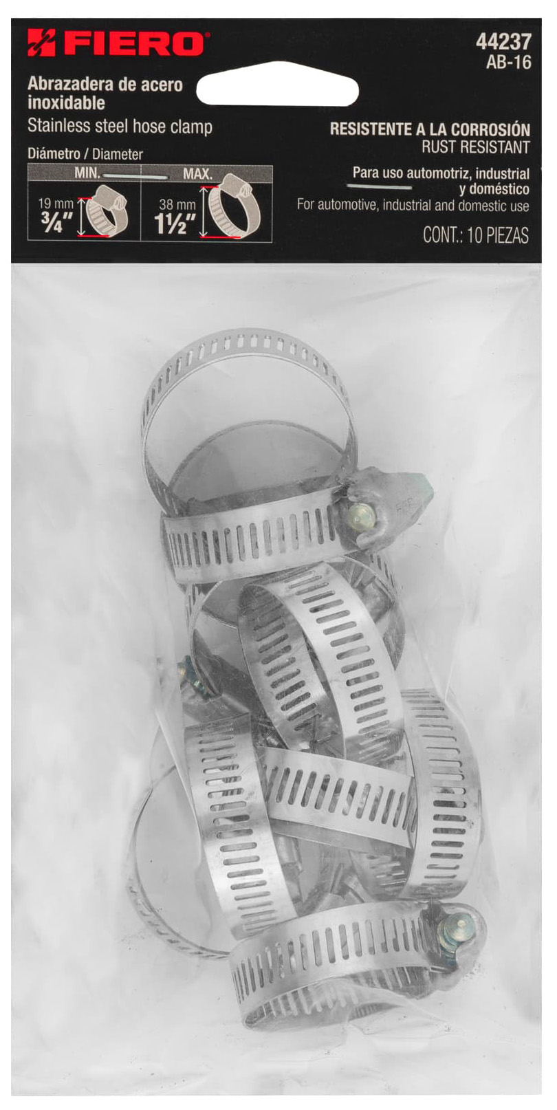 Imagen de BOLSA CON 10 ABRAZADERAS SIN FIN REFORZADAS # 16 DE 3/4" - 1-1/2" FIERO