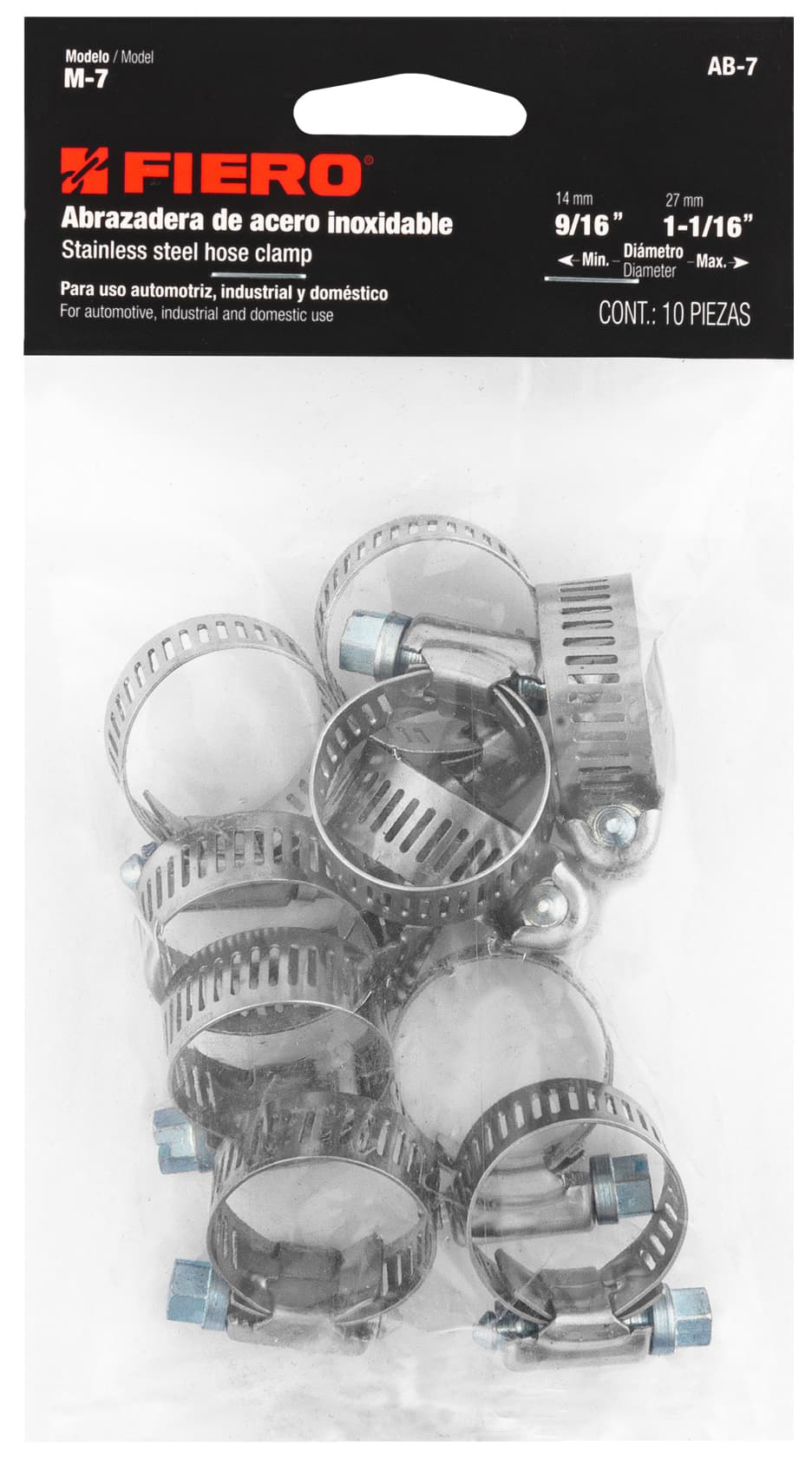 Imagen de BOLSA CON 10 ABRAZADERAS SIN FIN # 7 DE 9/16" - 1-1/16" FIERO