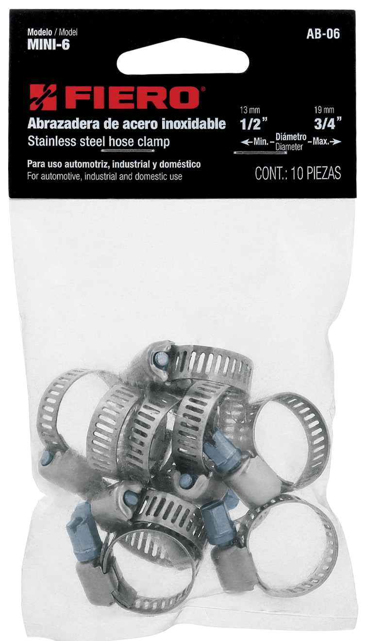 Imagen de BOLSA CON 10 ABRAZADERAS MINI SIN FIN REFORZADAS #6 DE 1/2"-3/4" FIERO