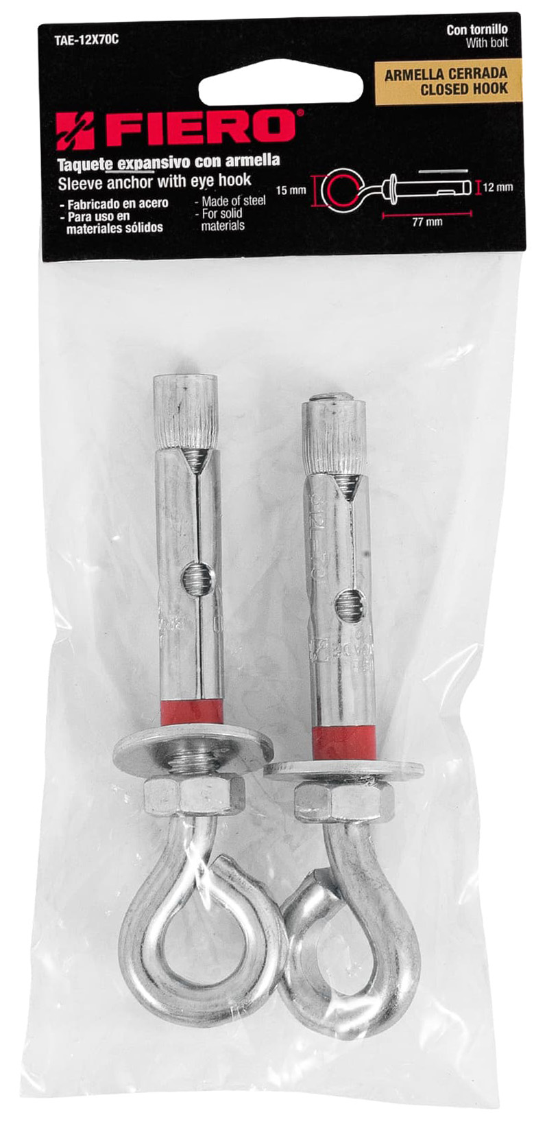 Imagen de BOLSA CON 2 TAQUETES EXPANSIVOS DE 12 X 75 MM CON ARMELLA CERRADA FIERO