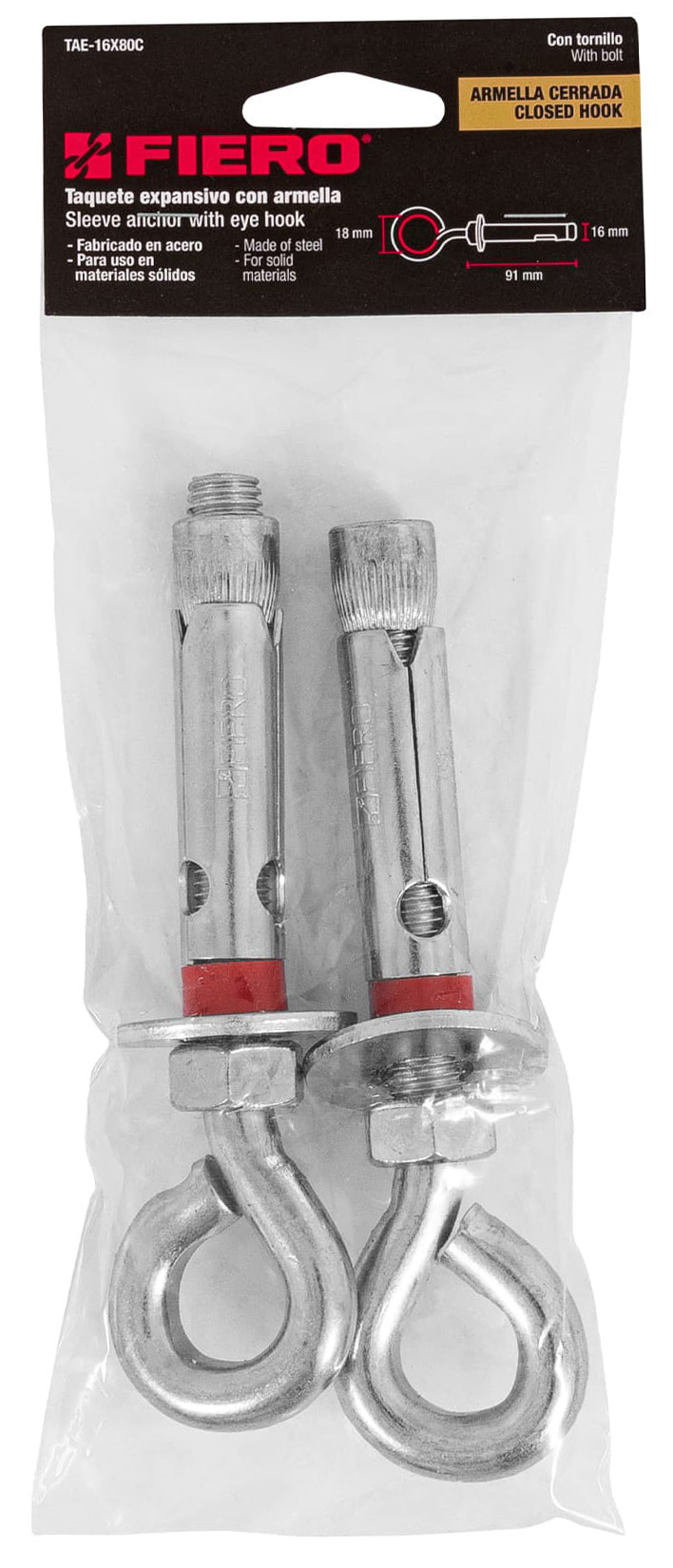 Imagen de BOLSA CON 2 TAQUETES EXPANSIVOS DE 16 X 90 MM CON ARMELLA CERRADA FIERO