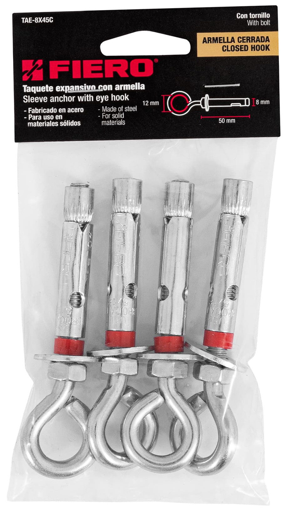 Imagen de BOLSA CON 4 TAQUETES EXPANSIVOS DE 8 X 50 MM CON ARMELLA CERRADA FIERO