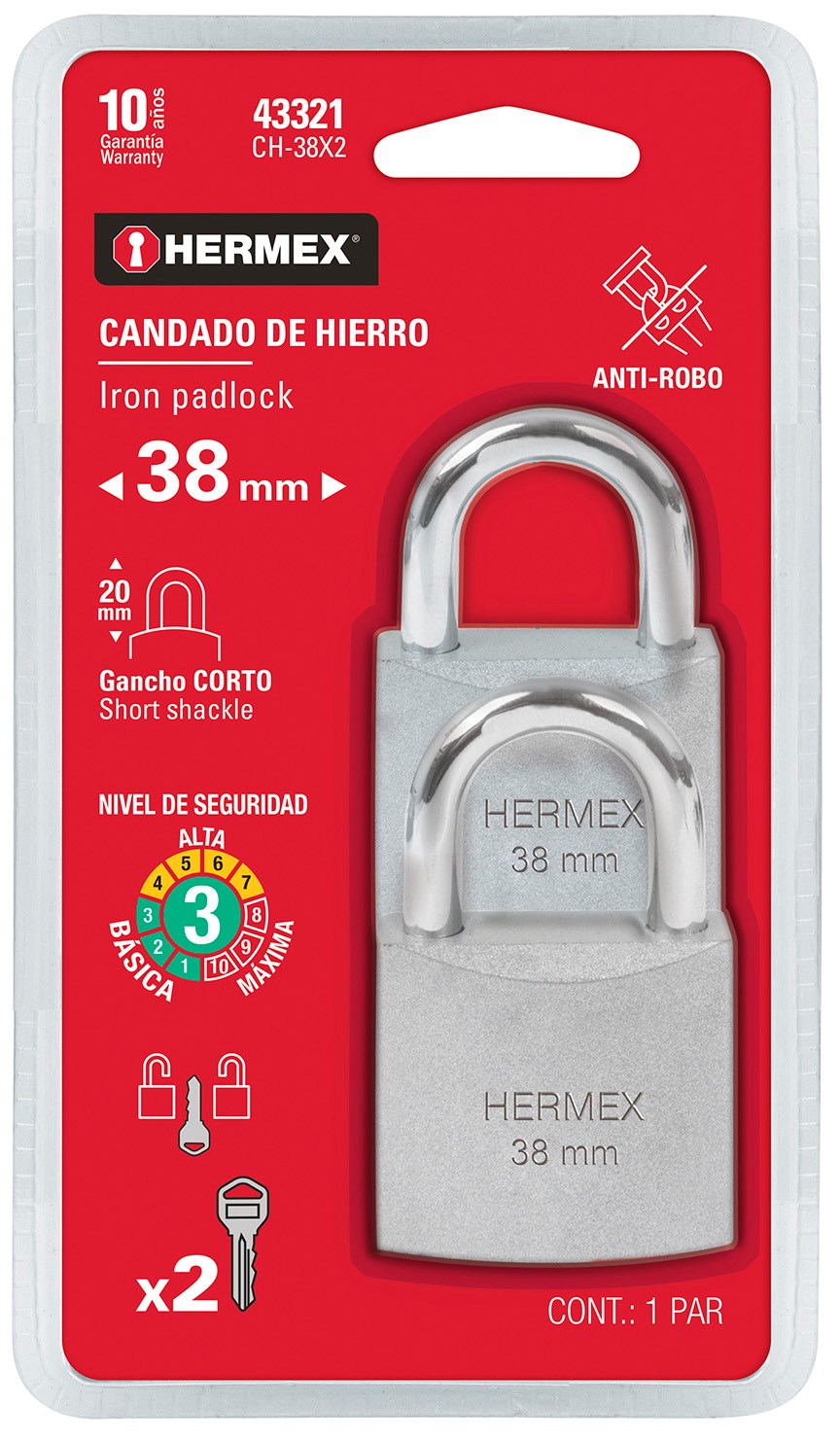 Imagen de BLISTER CON 2 CANDADOS DE HIERRO DE 38 MM CON GANCHO CORTO HERMEX