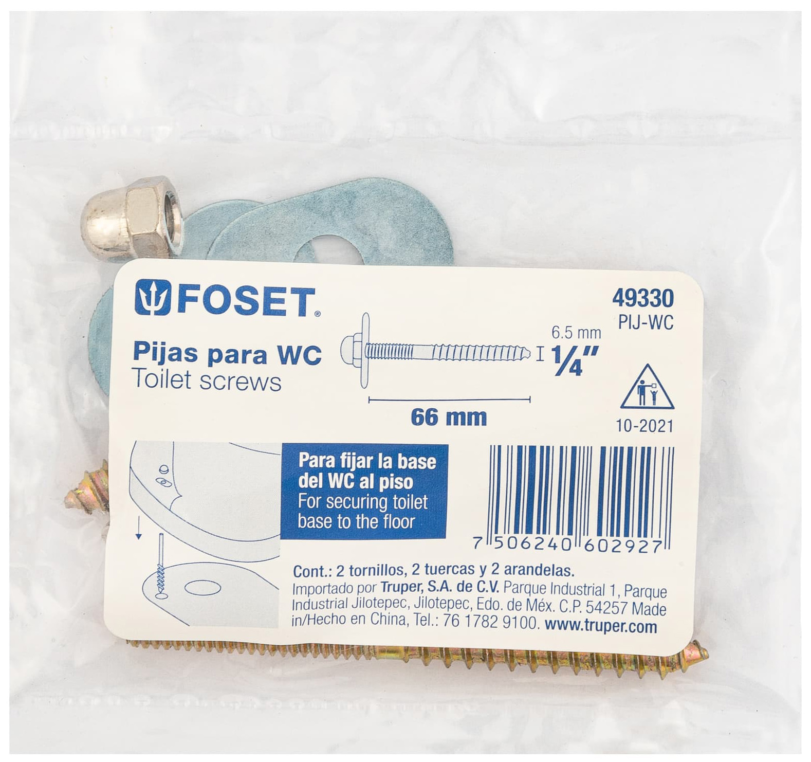 Imagen de BOLSA CON 2 PIJAS DE 1/4" X 66 MM PARA BASE DE SANITARIO A PISO FOSET