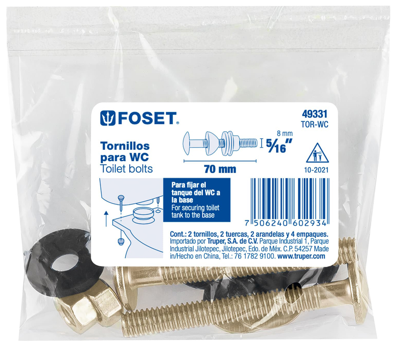 Imagen de BOLSA CON 2 TORNILLOS DE 5/16" X 70 MM PARA TANQUE DE SANITARIO A BASE FOSET