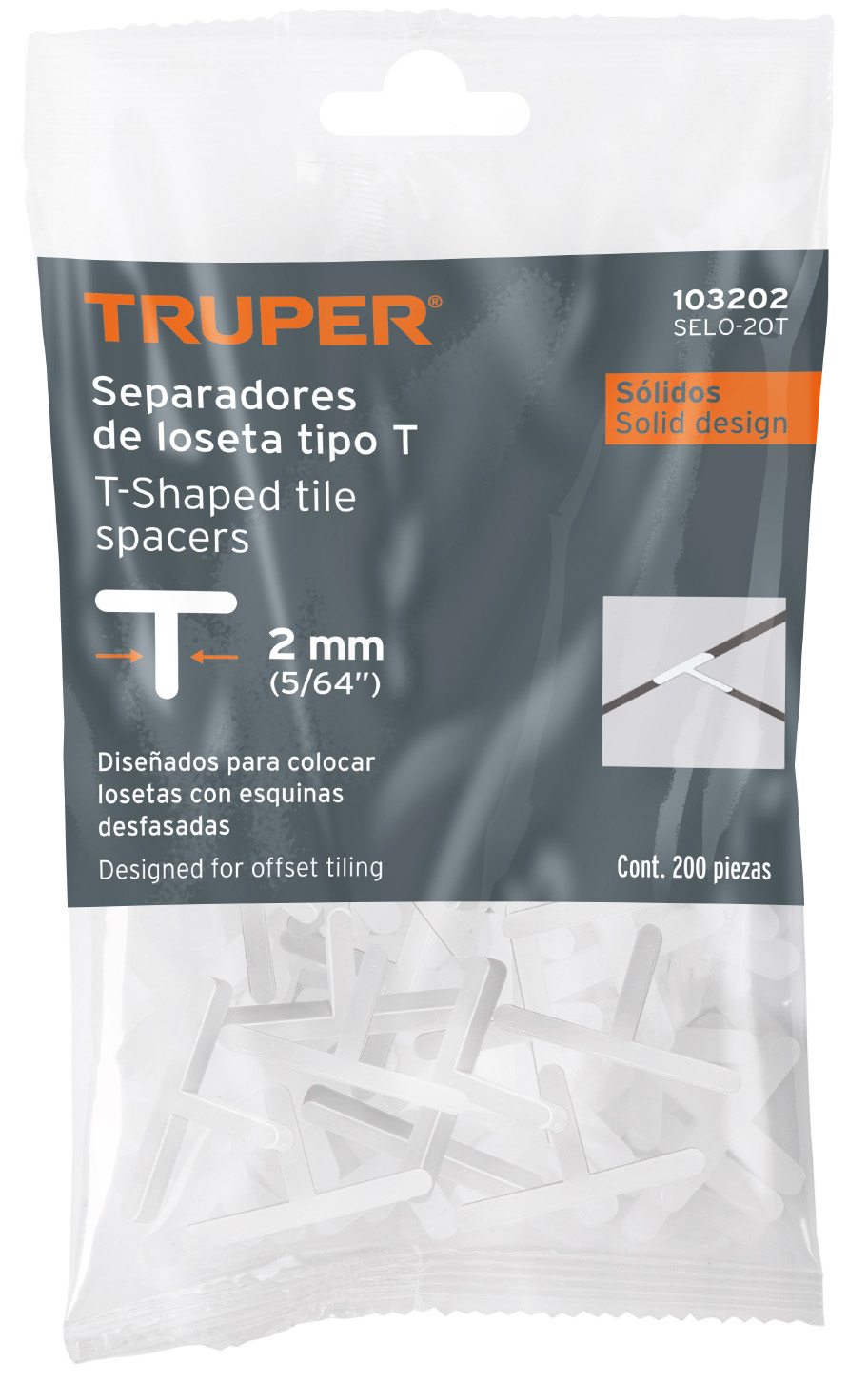 Imagen de BOLSA CON 200 SEPARADORES TIPO "T" DE 2 MM PARA LOSETAS TRUPER