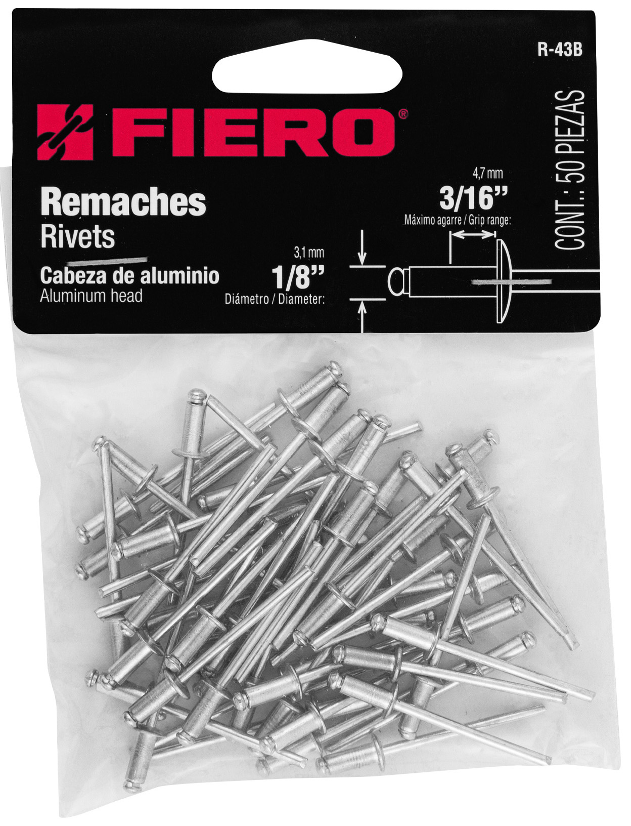 Imagen de BOLSA CON 50 REMACHES DE 1/8" X 3/16" DE ALUMINIO CON MEDIDA DE ALA DE 1/4" FIERO