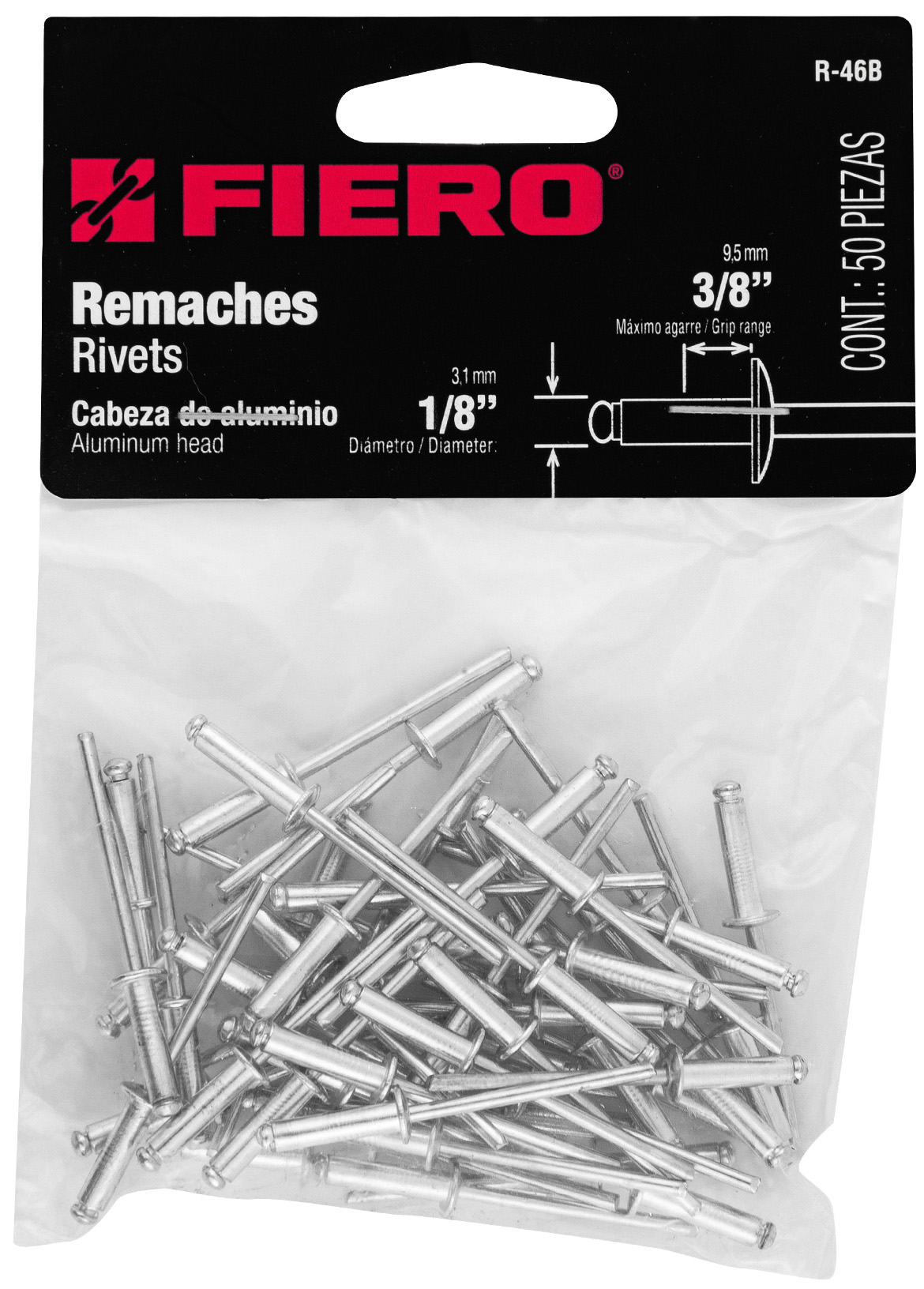 Imagen de BOLSA CON 50 REMACHES DE 1/8" X 3/8" DE ALUMINIO CON MEDIDA DE ALA DE 1/4" FIERO