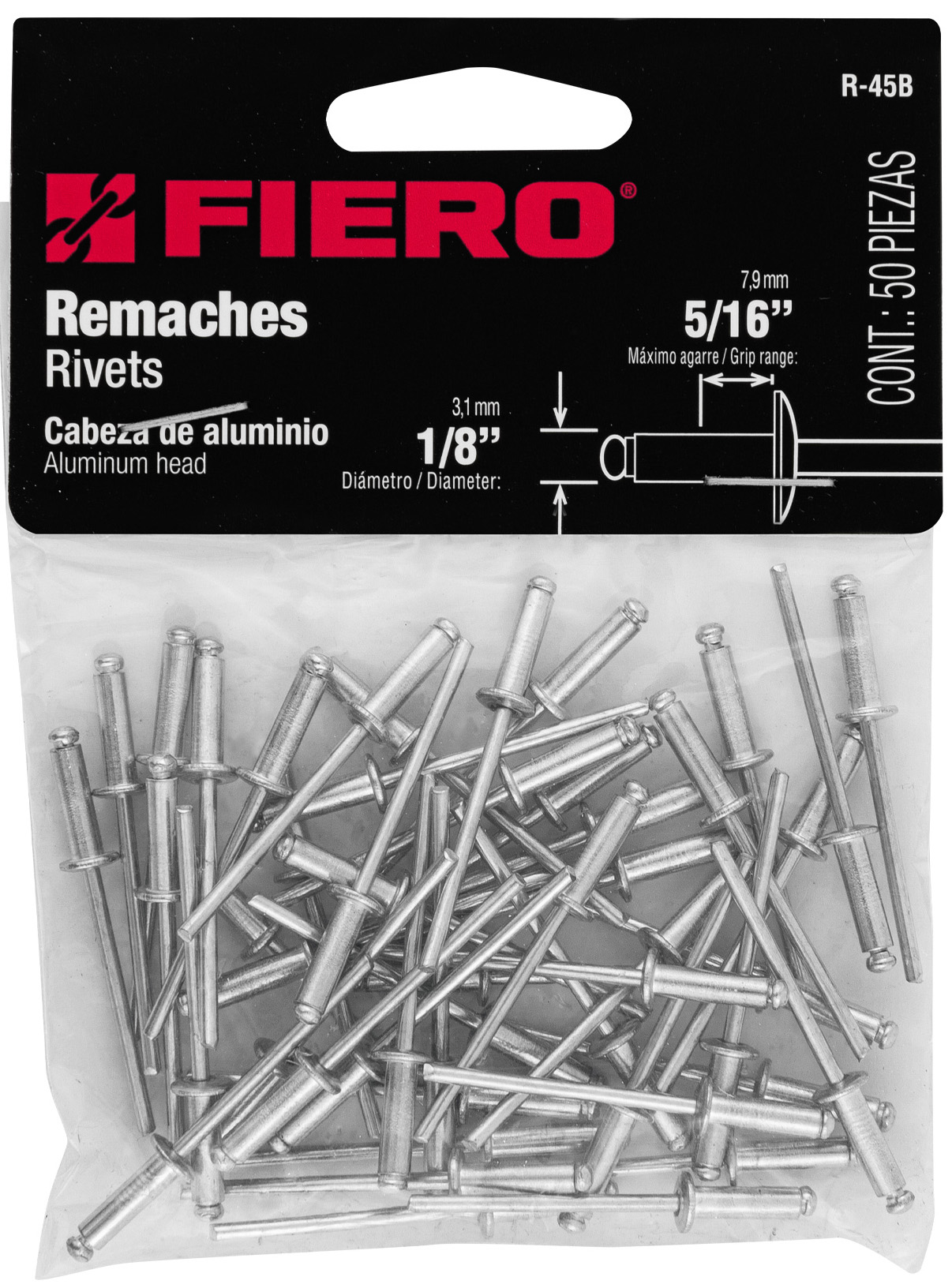 Imagen de BOLSA CON 50 REMACHES DE 1/8" X 5/16" DE ALUMINIO CON MEDIDA DE ALA DE 1/4" FIERO