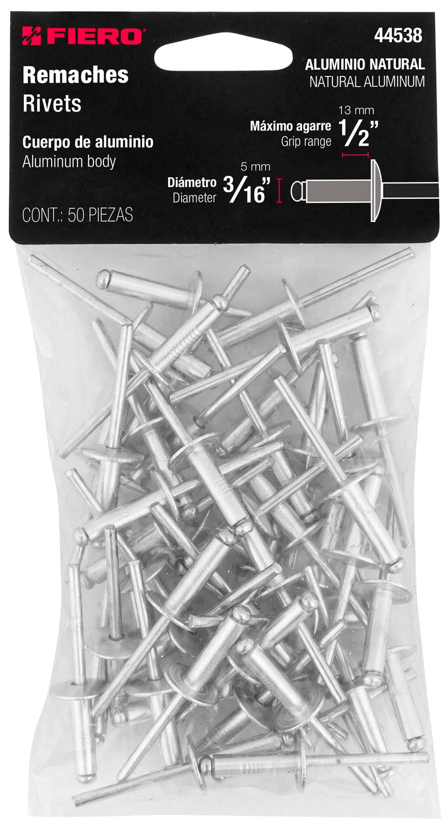 Imagen de BOLSA CON 50 REMACHES DE 3/16" X 1/2" DE ALUMINIO CON MEDIDA DE ALA DE 17/32" FIERO
