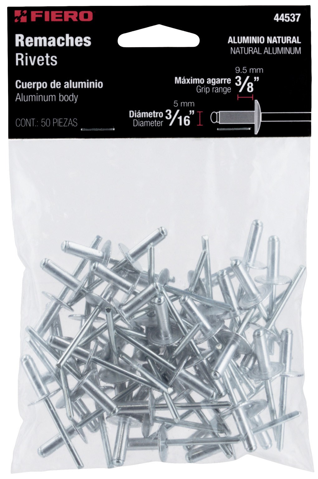 Imagen de BOLSA CON 50 REMACHES DE 3/16" X 3/8" DE ALUMINIO CON MEDIDA DE ALA DE 17/32" FIERO