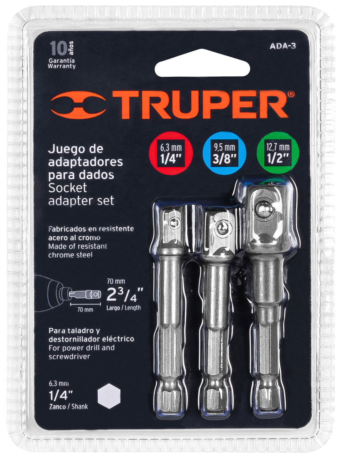 Imagen de JUEGO DE 3 ADAPTADORES PARA DADOS DE 1/4" 3/8" Y 1/2" TRUPER