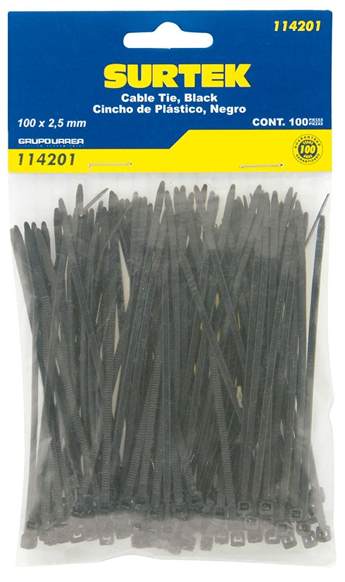 Imagen de CINCHO PLASTICO 100 X 2.5 MM TENSION 8 KG DE 100 PIEZAS COLOR NEGRO SURTEK