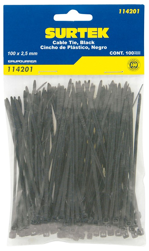 Imagen de CINCHO PLASTICO 150 X 3.6 MM TENSION 18 KG DE 50 PIEZAS COLOR NEGRO SURTEK