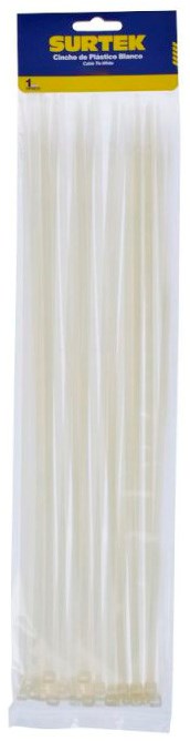 Imagen de CINCHO PLASTICO 300 X 4.6 MM TENSION 22 KG DE 50 PIEZAS COLOR BLANCO SURTEK