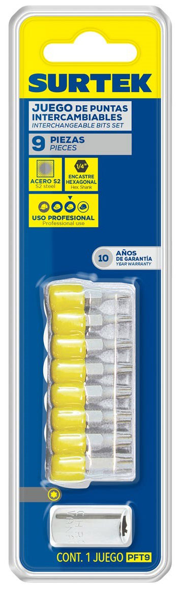 Imagen de JUEGO DE PUNTAS TORX SEGURIDAD HEXAGONO 1/4" 9 PZA EN AMPOLLA SURTEK