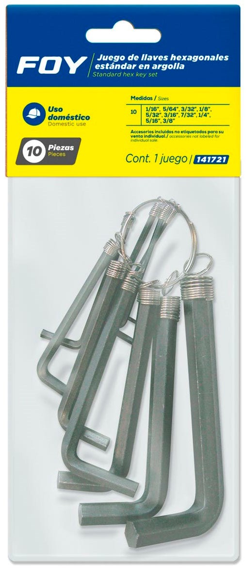 Imagen de JUEGO DE 10 LLAVES HEXAGONALES TIPO "L" EN PULGADAS EN ARGOLLA FOY