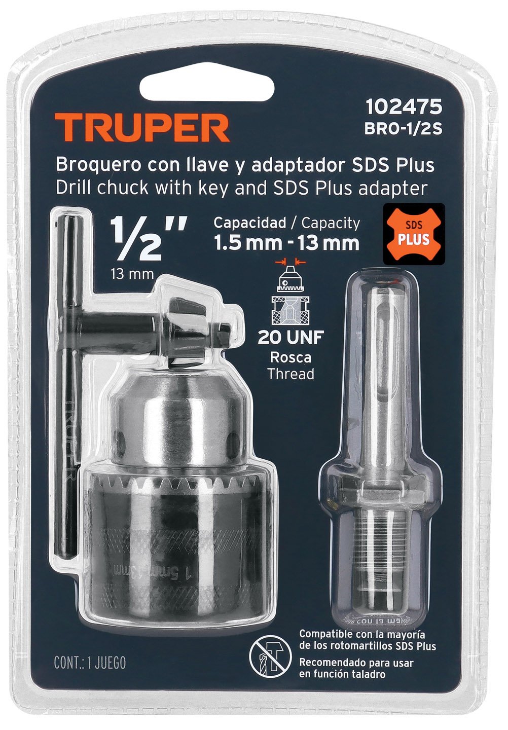 Imagen de BROQUERO DE 1/2" CON LLAVE Y ADAPTADOR SDS PLUS TRUPER