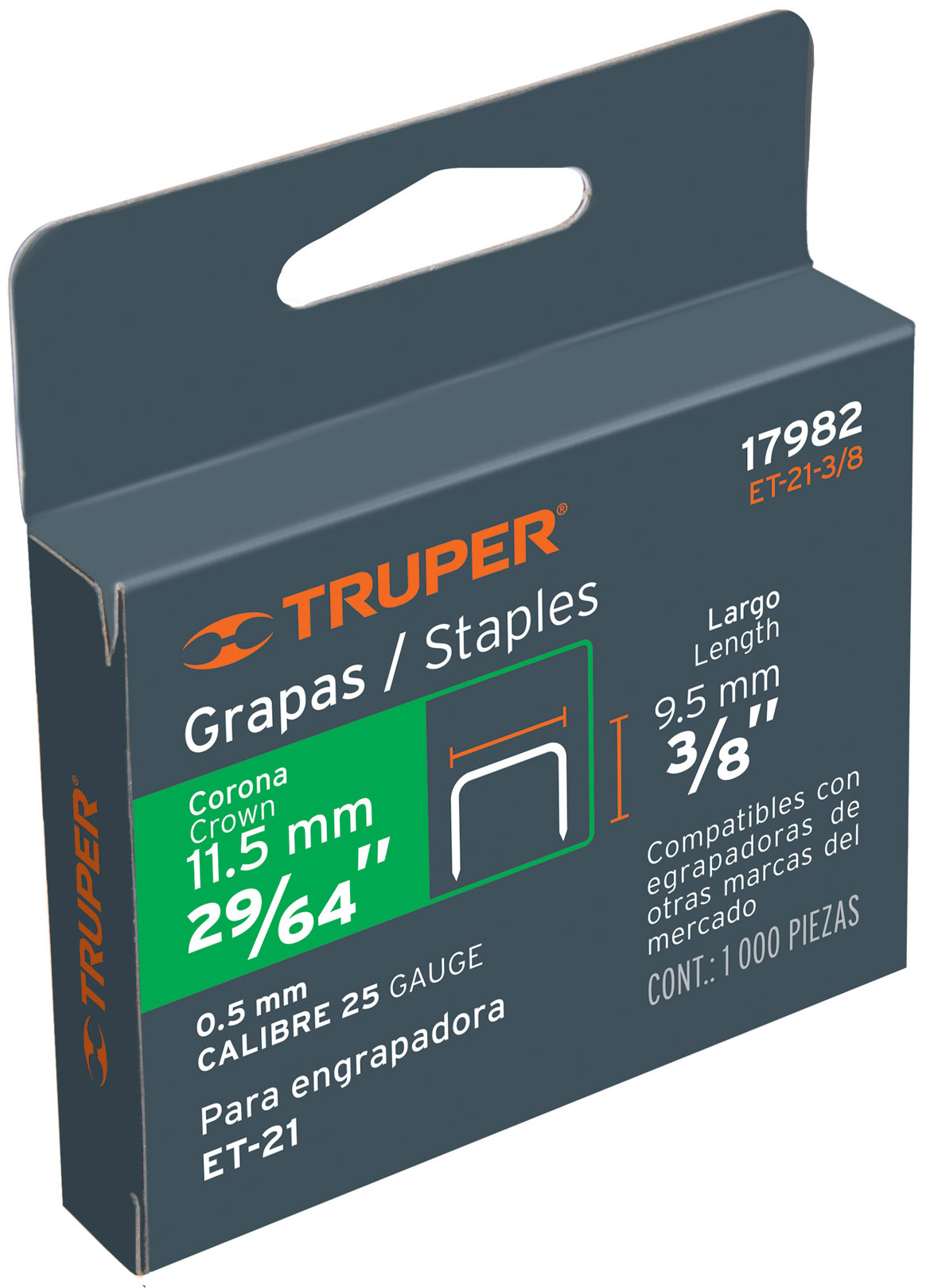 Imagen de CAJA CON 1000 GRAPAS DE 3/8"CON CORONA DE 11.3 MM PARA ENGRAPADORA (CODIGO ET-21) TRUPER