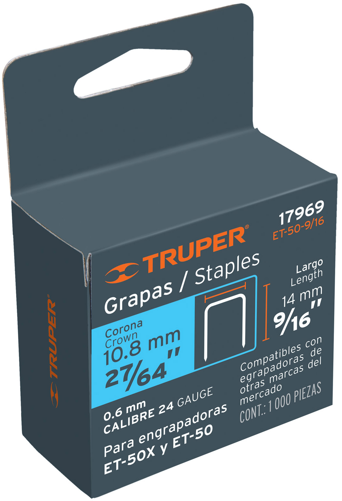 Imagen de CAJA CON 1000 GRAPAS DE 9/16" CON CORONA DE 10.7 MM PARA ENGRAPADORA/CLAVADORA (CODIGO ET-50) TRUPER