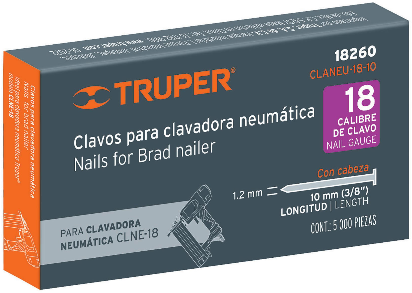 Imagen de CAJA CON 5000 CLAVOS CALIBRE 18 DE 10 MM PARA CLAVADORA NEUMATICA (CODIGO CLNE-18) TRUPER