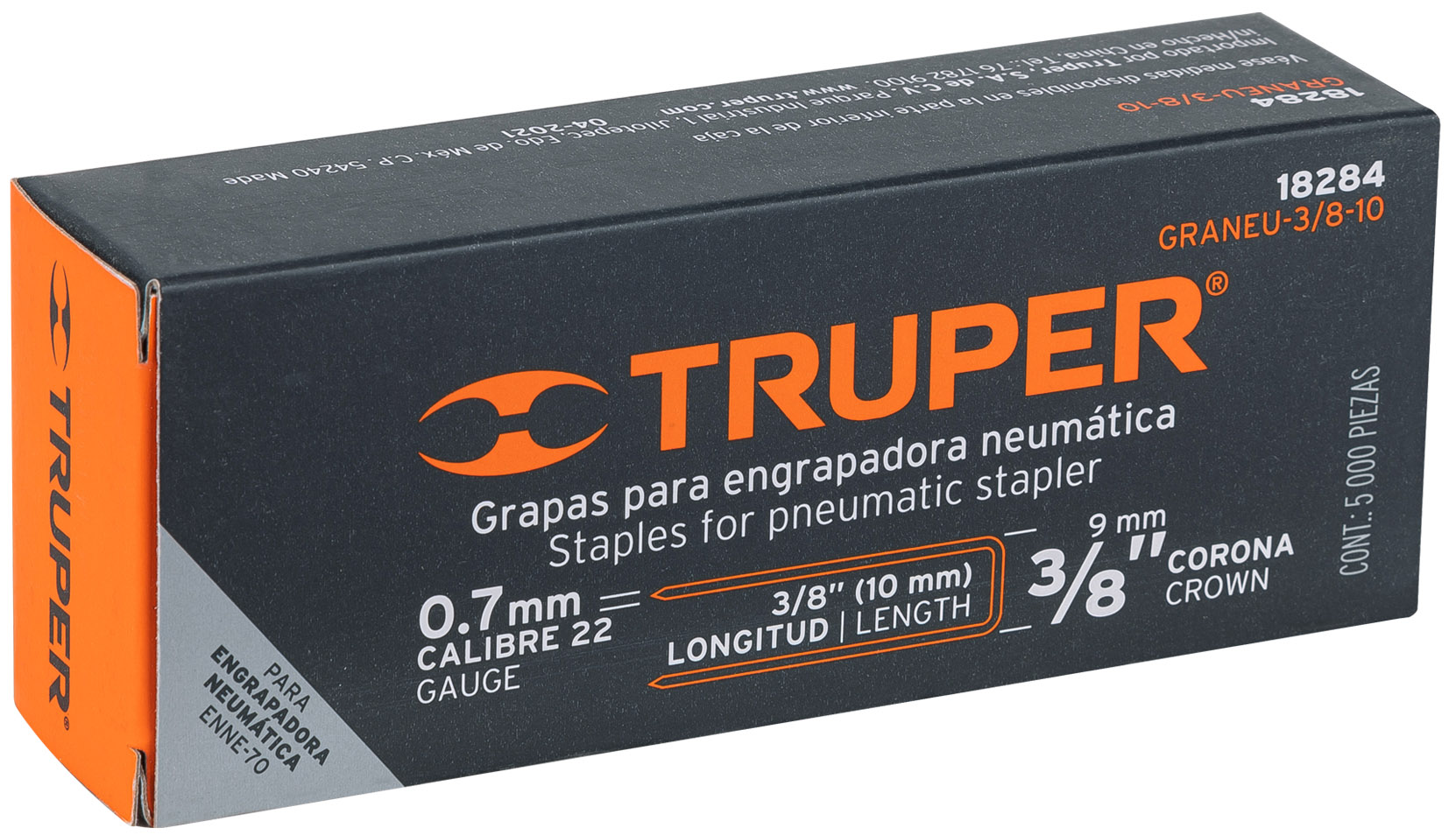 Imagen de CAJA CON 5000 GRAPAS CON CORONA DE 3/8" CALIBRE 22 DE 10 MM PARA ENGRAPADORA NEUMATICA (CODIGO ENNE-70) TRUPER