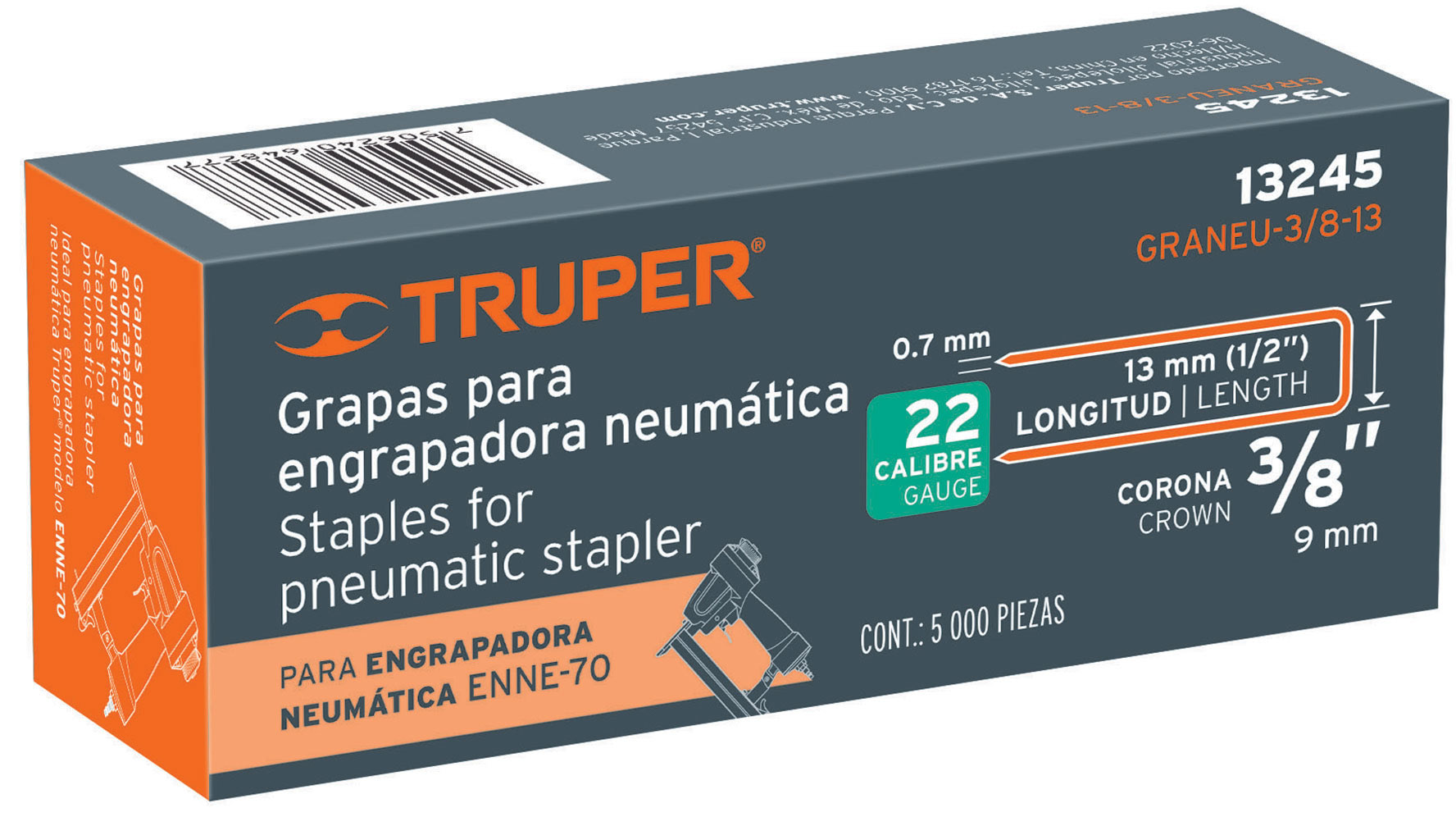 Imagen de CAJA CON 5000 GRAPAS CON CORONA DE 3/8" CALIBRE 22 DE 13 MM PARA ENGRAPADORA NEUMATICA (CODIGO ENNE-70) TRUPER