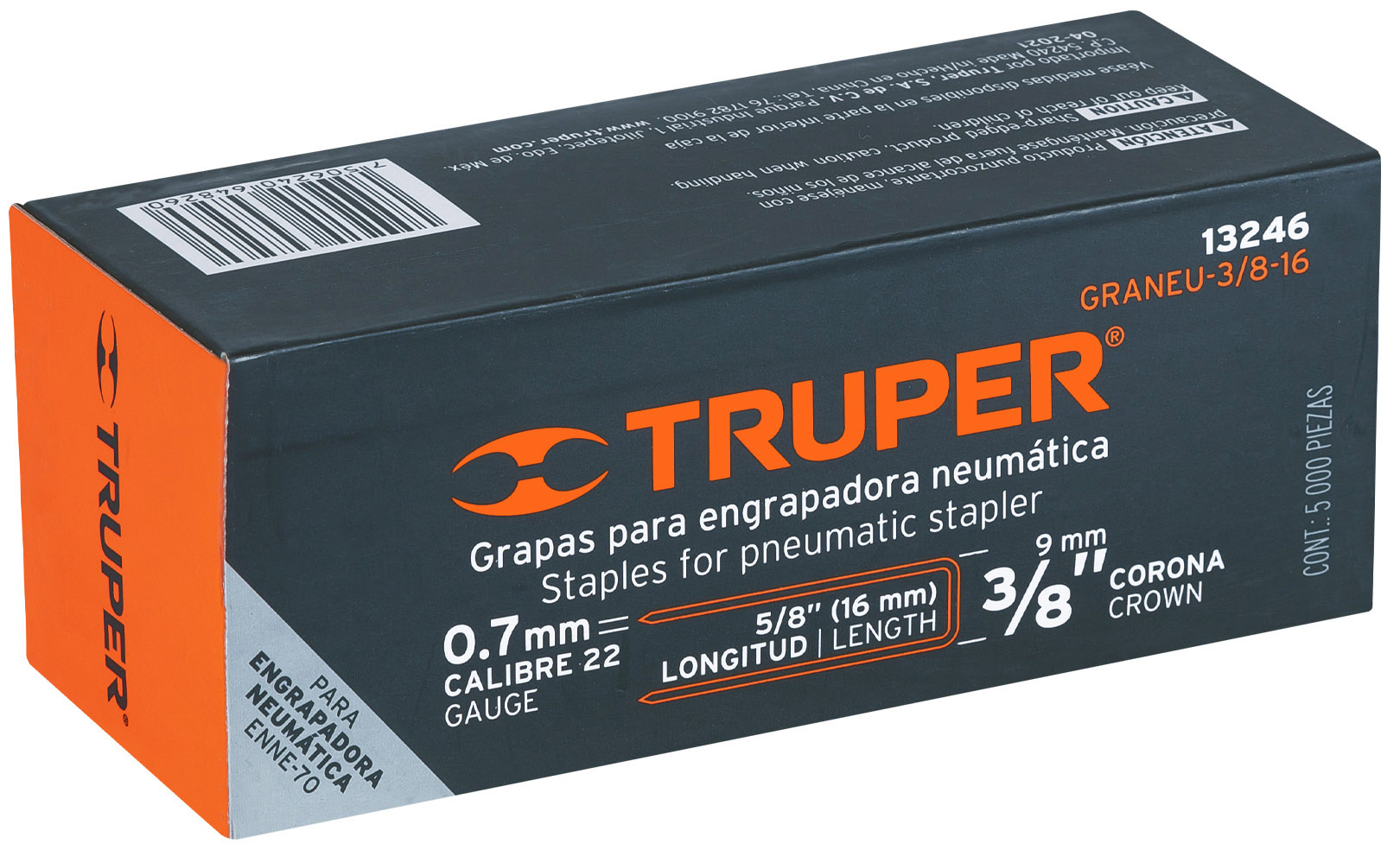 Imagen de CAJA CON 5000 GRAPAS CON CORONA DE 3/8" CALIBRE 22 DE 16 MM PARA ENGRAPADORA NEUMATICA (CODIGO ENNE-70) TRUPER