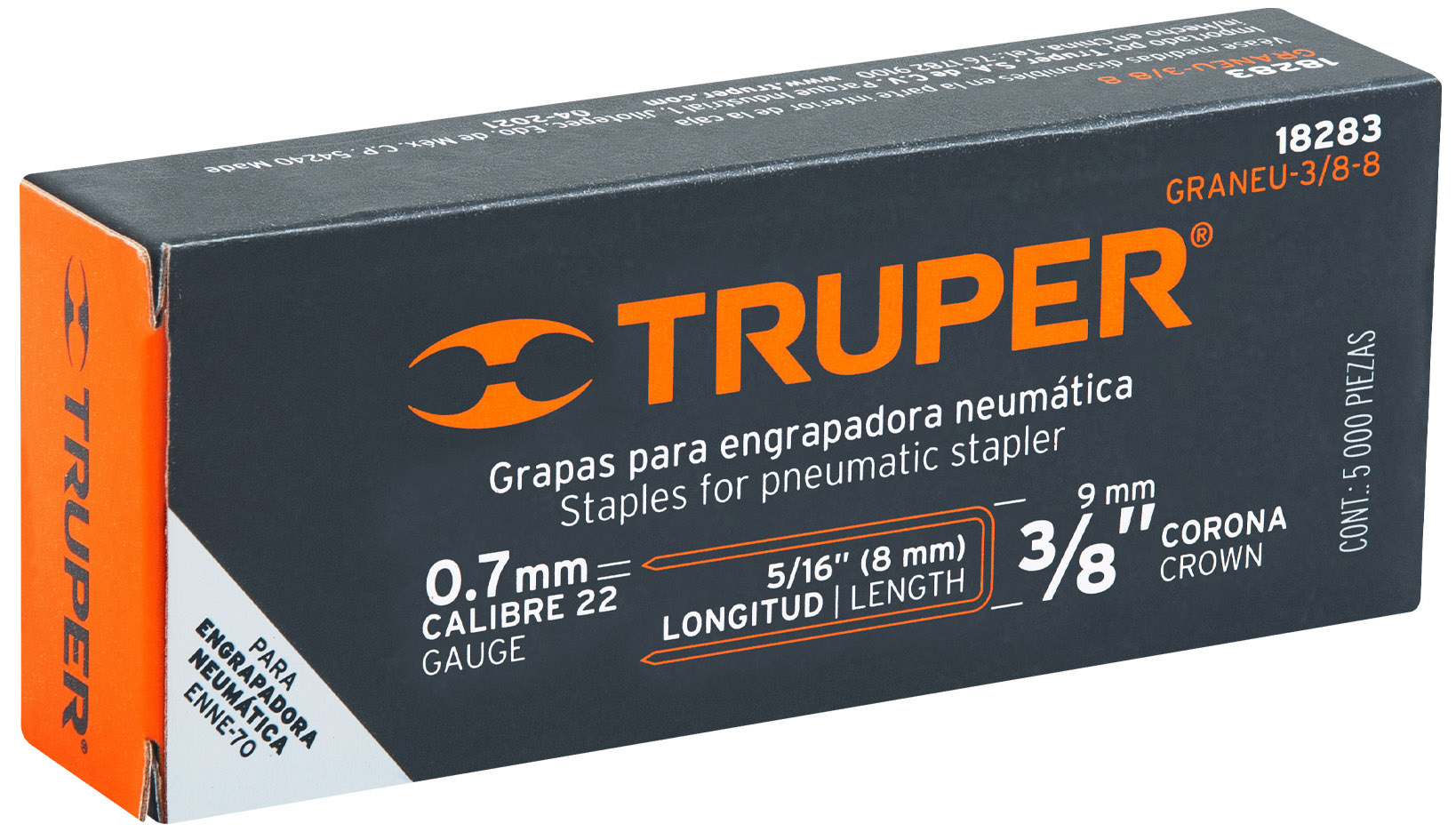Imagen de CAJA CON 5000 GRAPAS CON CORONA DE 3/8" CALIBRE 22 DE 8 MM PARA ENGRAPADORA NEUMATICA (CODIGO ENNE-70) TRUPER