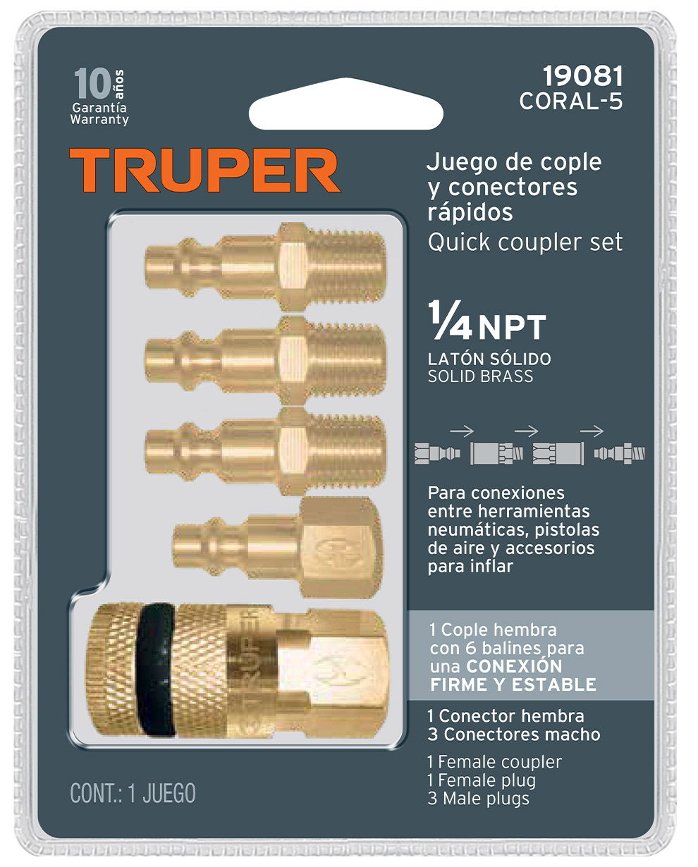 Imagen de JUEGO DE 4 CONECTORES RAPIDOS Y 1 COPLE DE LATON TRUPER