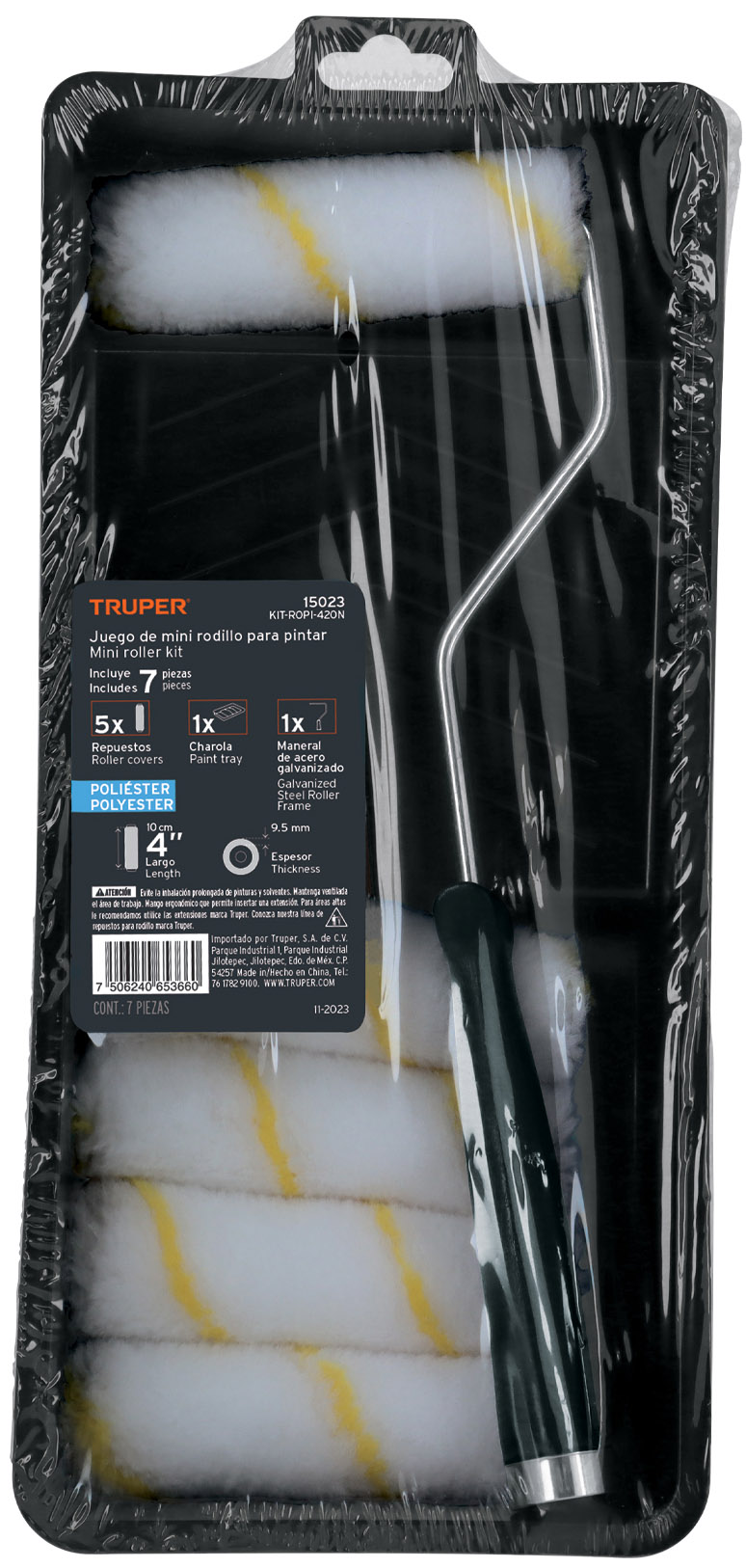 Imagen de KIT DE RODILLO PARA PINTAR  DE 4" INCLUYE (MANERAL CHAROLA Y 5 FELPAS)