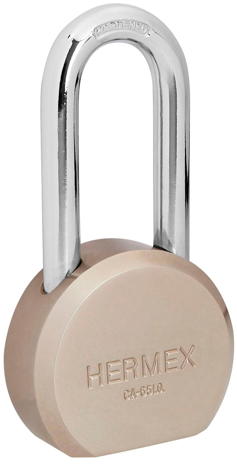 Imagen de CANDADO REDONDO DE 65 MM CON GANCHO LARGO Y LLAVE DE PUNTOS EN BLISTER HERMEX