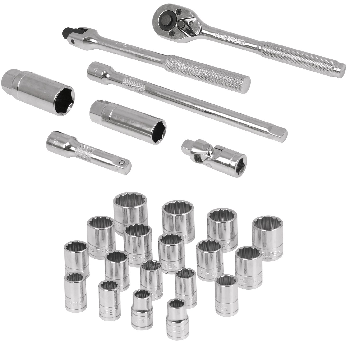 Imagen de JUEGO DE 25 HERRAMIENTAS CON CUADRO DE 3/8" ESTANDAR Y MILIMETRICAS PARA MECANICO TRUPER