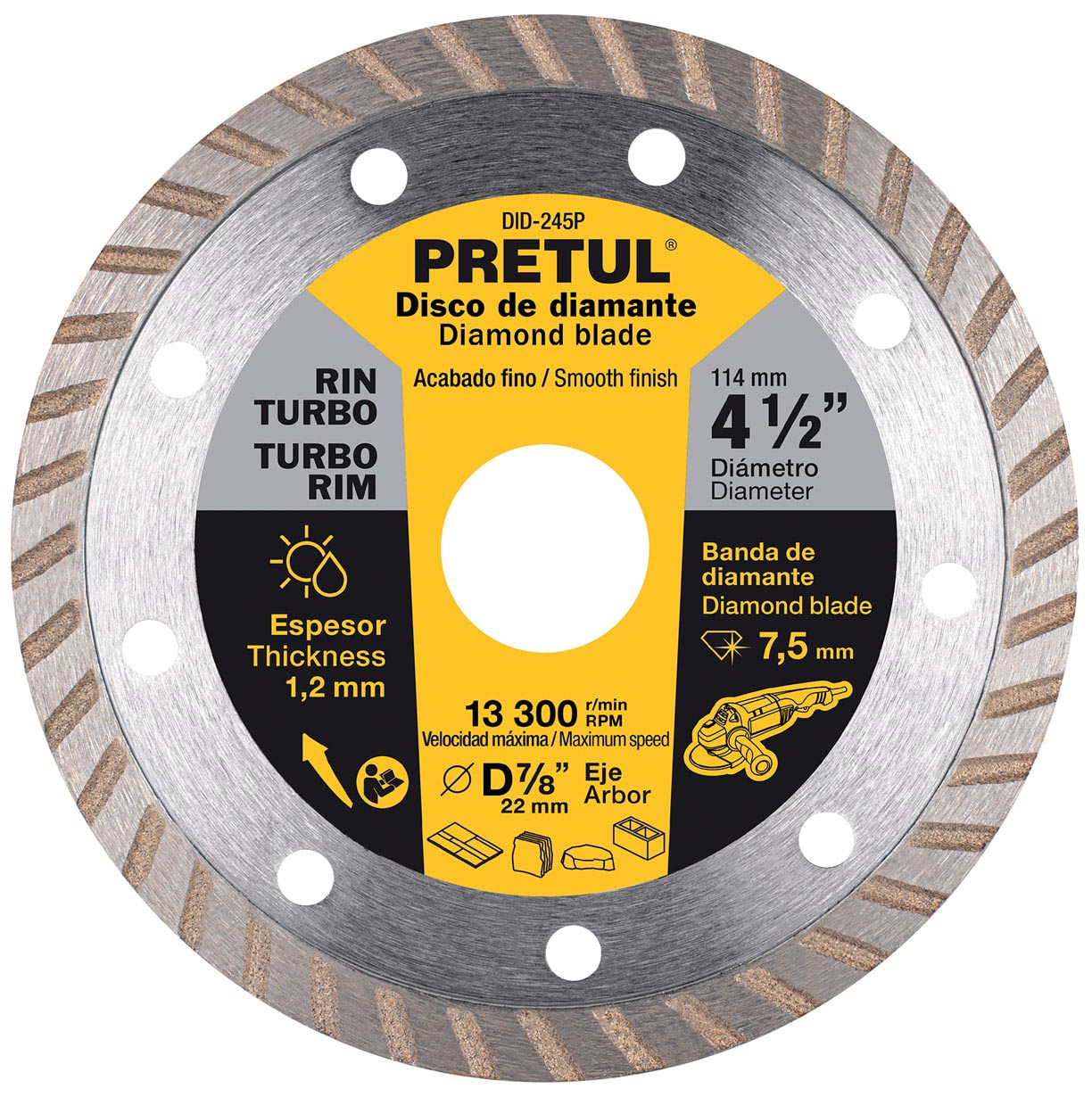 Imagen de DISCO DE DIAMANTE DE 4-1/2" X 1.2 MM CON RIN TURBO PRETUL
