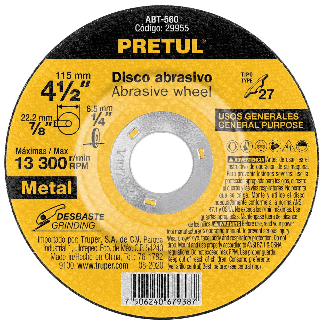 Imagen de DISCO TIPO 27 DE 4-1/2" X 6.2 MM PARA DESBASTE DE METAL PRETUL