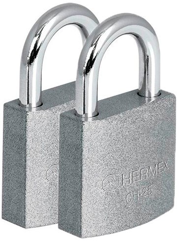 Imagen de BLISTER CON 2 CANDADOS DE HIERRO DE 25 MM CON GANCHO CORTO HERMEX