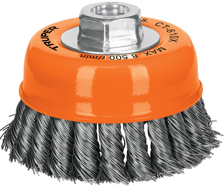 Imagen de CARDA DE COPA DE 4" CON ALAMBRE TRENZADO GRUESO CON EJE DE 5/8" DE DIAMETRO Y 11 HILOS POR PULGADA TRUPER