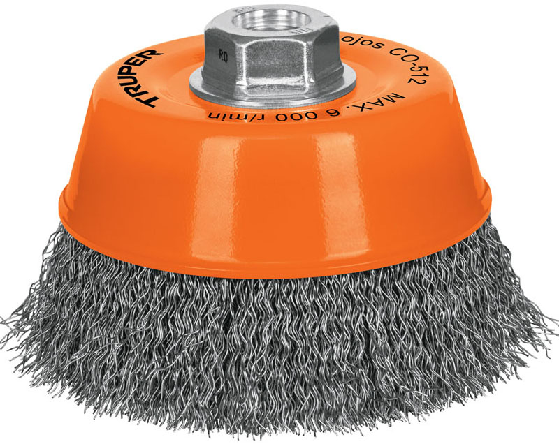 Imagen de CARDA DE COPA DE 5" CON ALAMBRE ONDULADO FINO CON EJE DE 5/8" DE DIAMETRO Y 11 HILOS POR PULGADA TRUPER