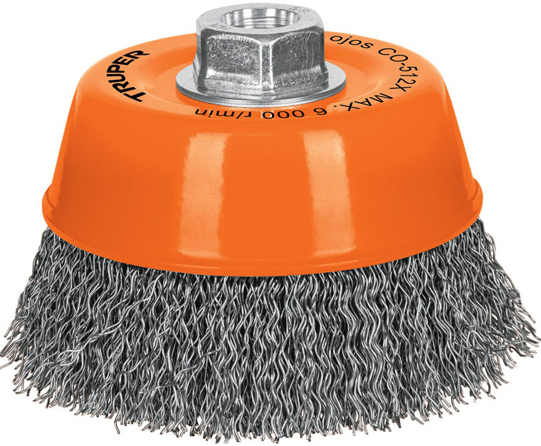 Imagen de CARDA DE COPA DE 5" CON ALAMBRE ONDULADO GRUESO CON EJE DE 5/8" DE DIAMETRO Y 11 HILOS POR PULGADA TRUPER