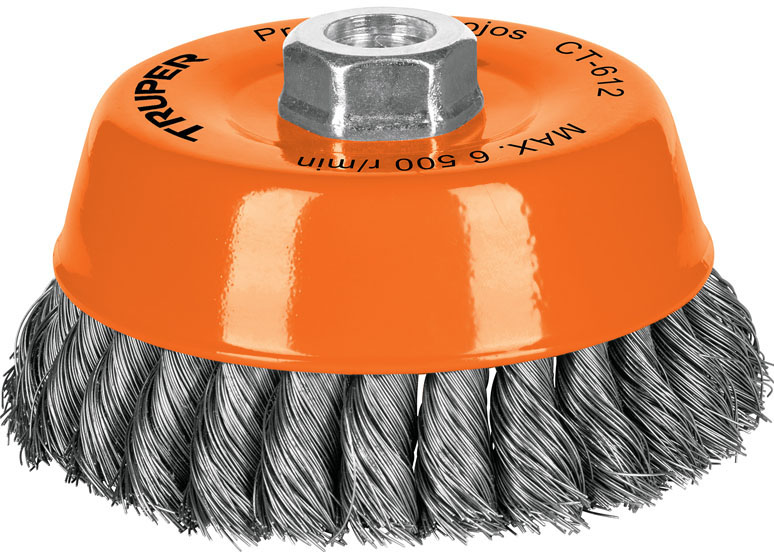 Imagen de CARDA DE COPA DE 5" CON ALAMBRE TRENZADO FINO CON EJE DE 5/8" DE DIAMETRO Y 11 HILOS POR PULGADA TRUPER